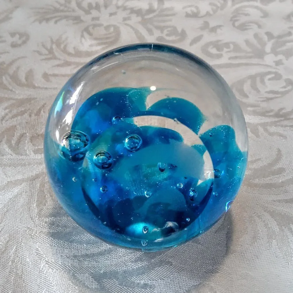Dolphin Etched Blue Art Glass Bubble Paperweight